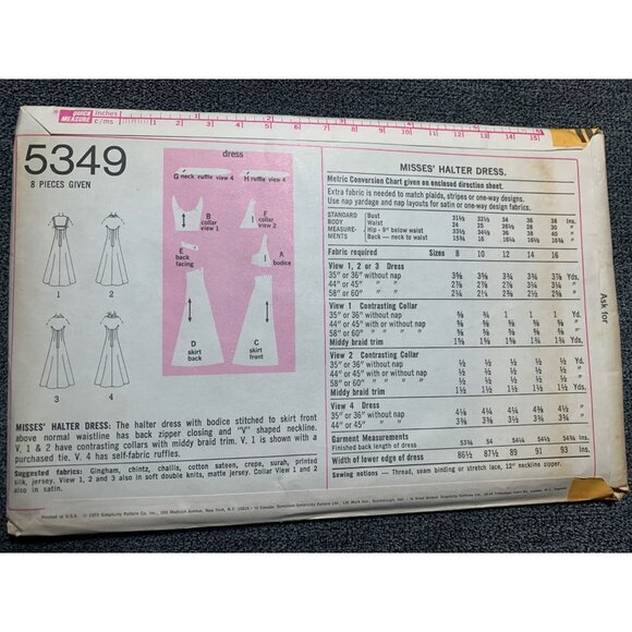 Simplicity Misses Halter Dress Sewing Pattern sz 8-22 5349 - uncut - Picture 3 of 4
